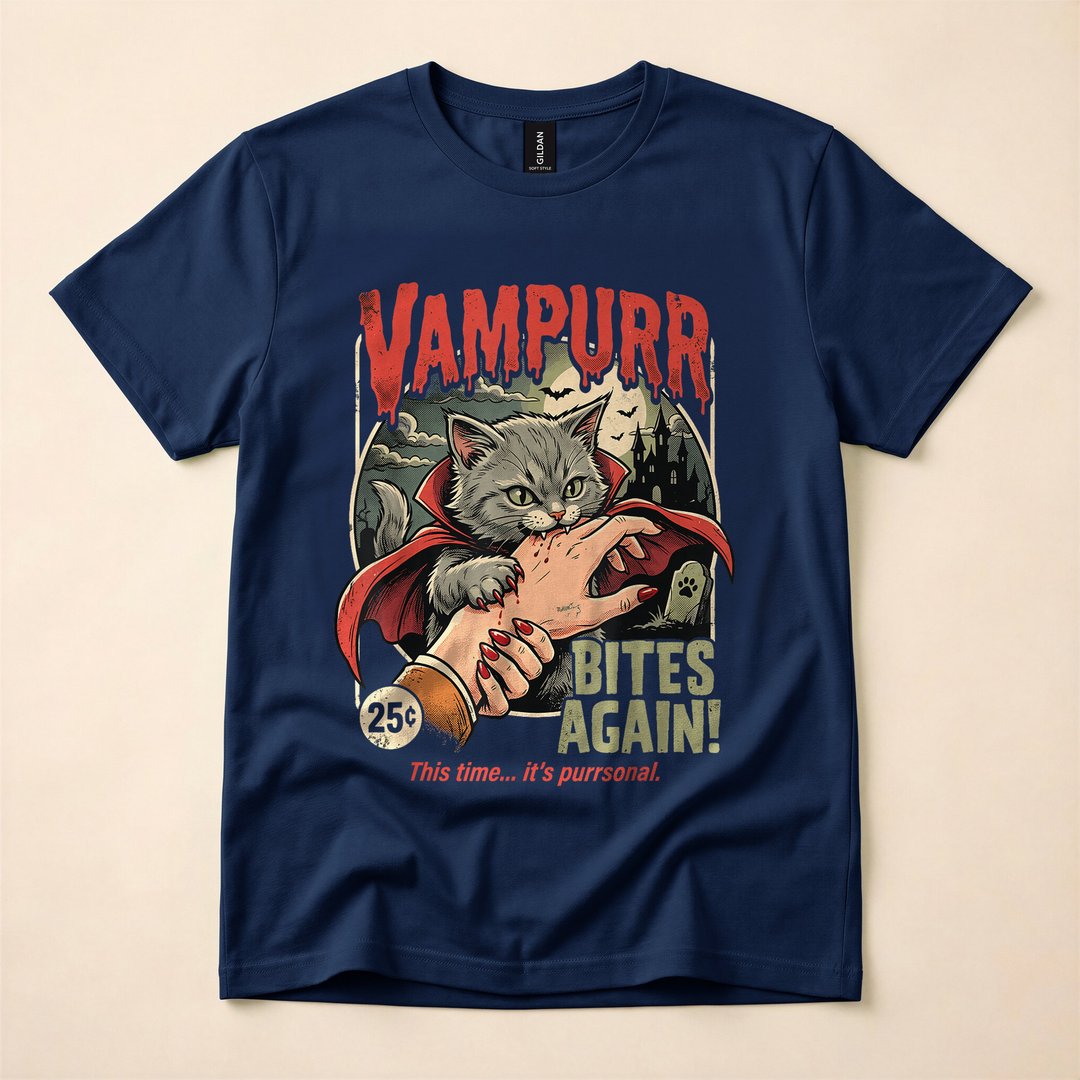 Vampurr Bites Again Vintage Vampire Cat Halloween T-Shirt - photo 2