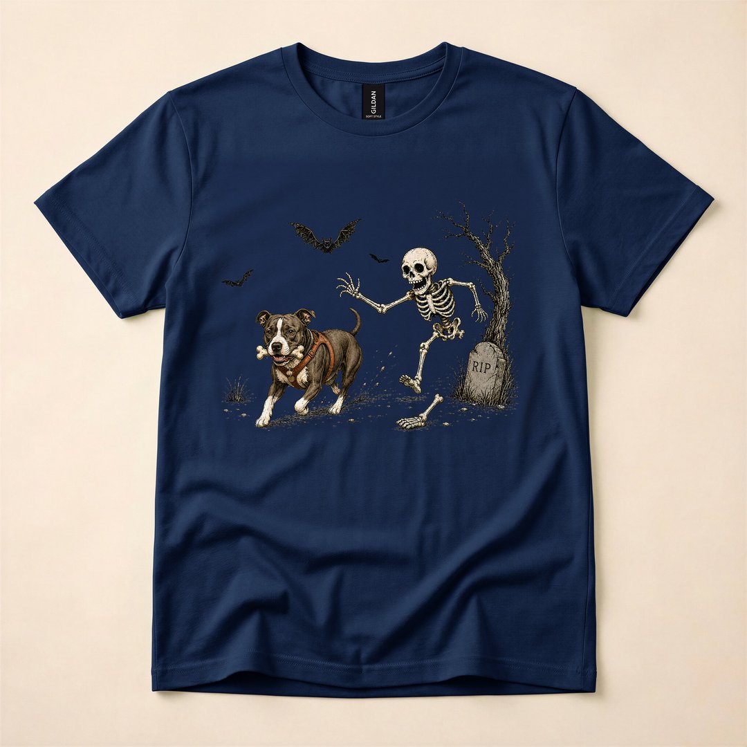 Halloween Dog Steals Skeleton Bone Spooky Pet T-Shirt - photo 2