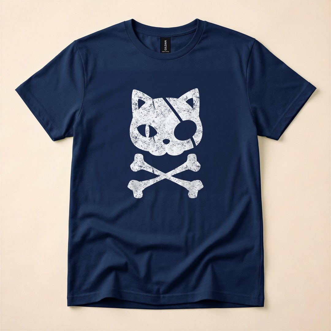 Vintage Pirate Cat Skull and Crossbones Halloween T-Shirt - photo 2