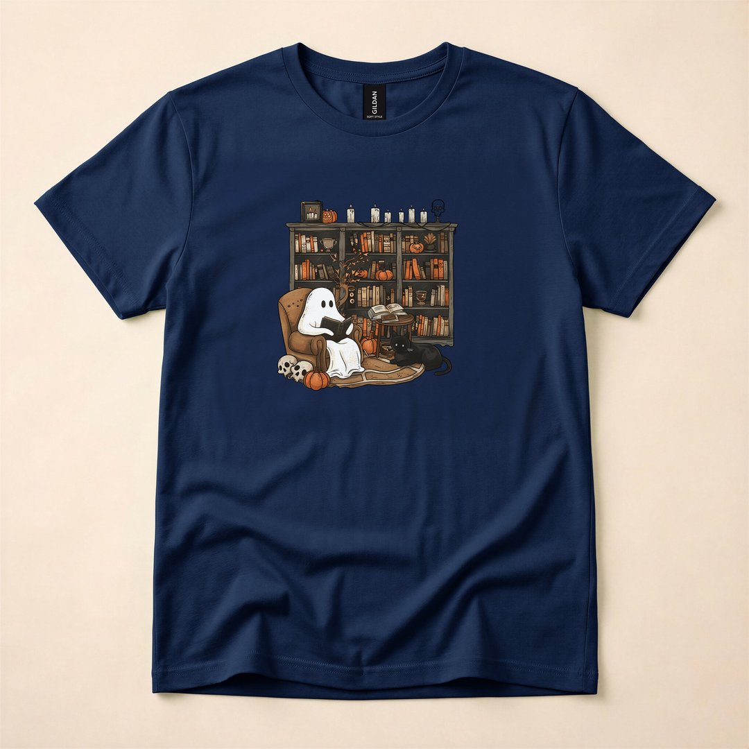 Vintage Ghost Reading Books Library Halloween T-Shirt - photo 2