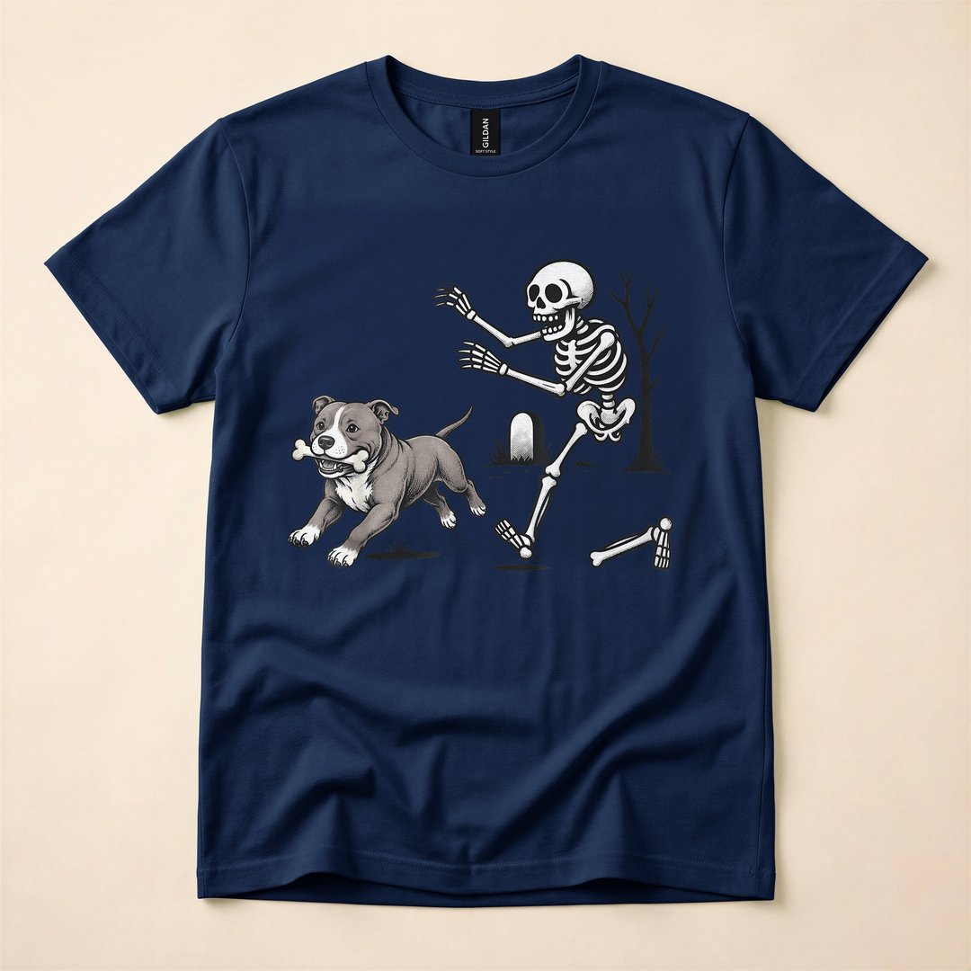 Skeleton Chasing a Pitbull Funny Halloween Dog T-Shirt - photo 2