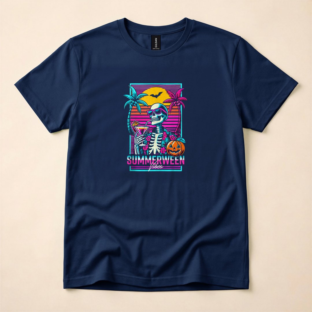 Summerween Beach Party Skeleton Vaporwave T-Shirt - photo 2