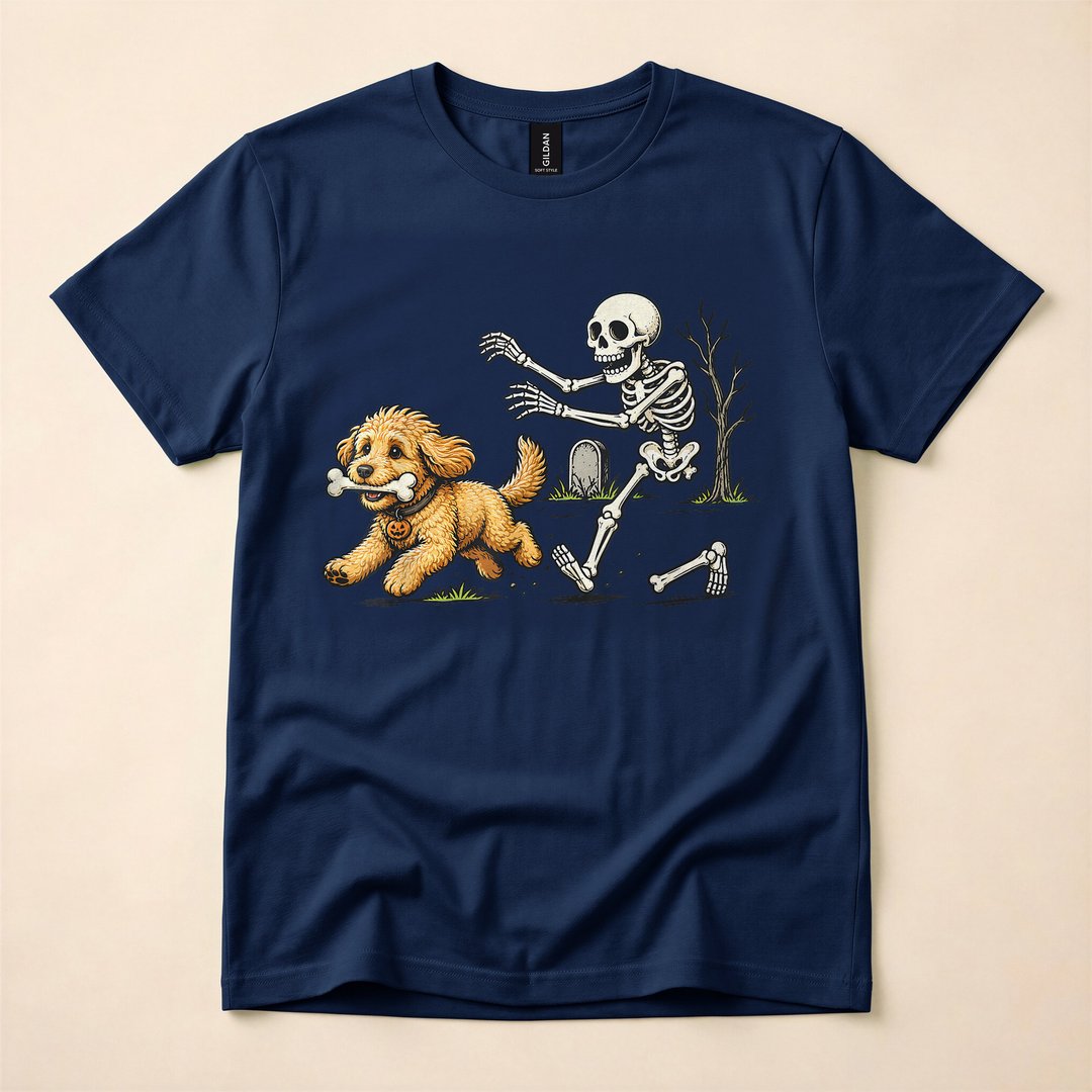 Goldendoodle Stealing a Skeleton's Bone Halloween T-Shirt - photo 2