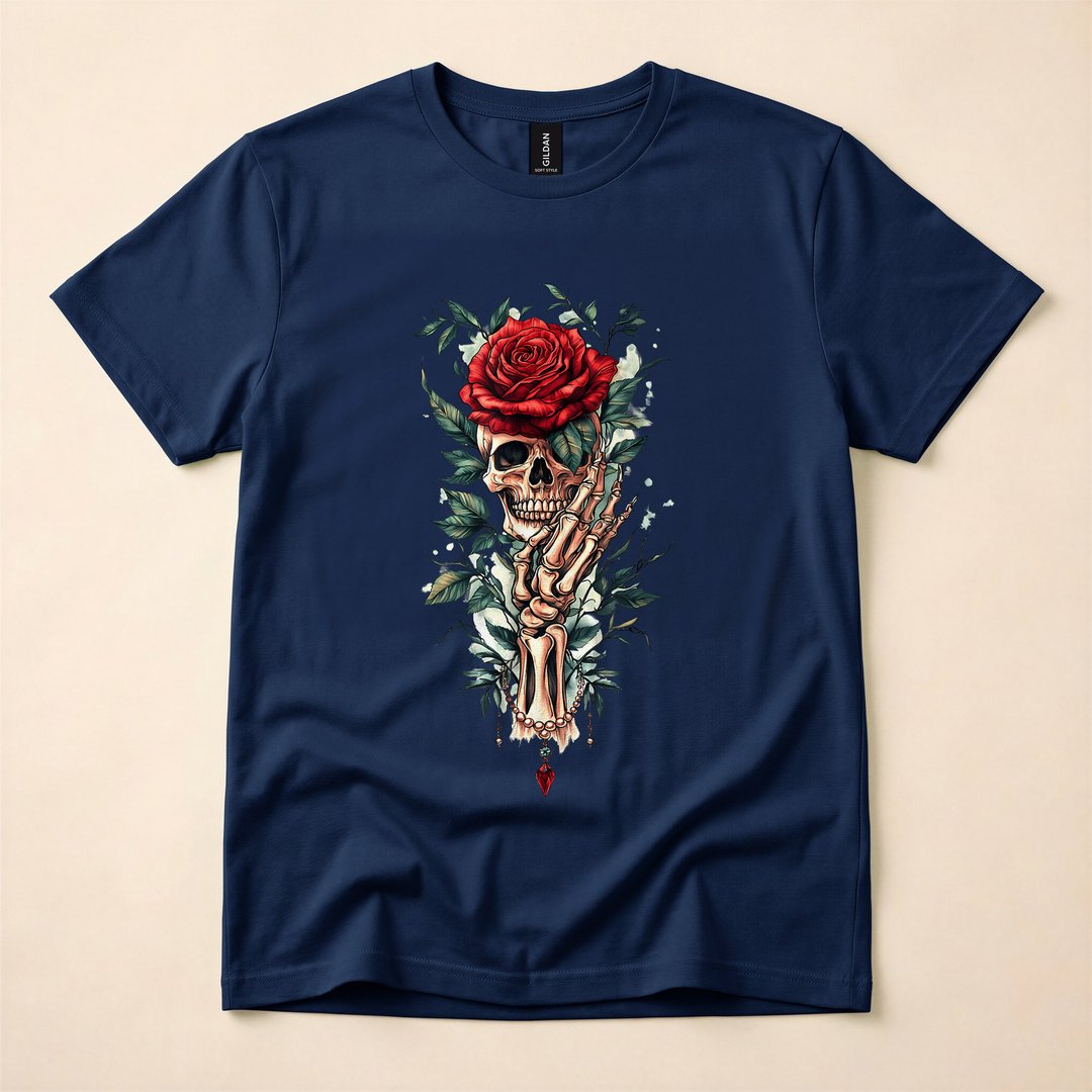 Skeleton Hand Holding Red Rose Gothic T-Shirt - photo 2
