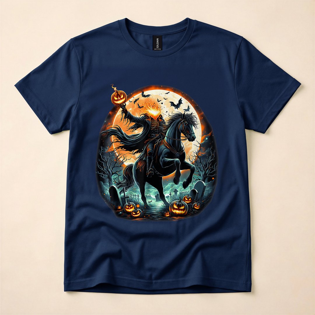 Pumpkin Headless Horseman Scary Halloween T-Shirt - photo 2