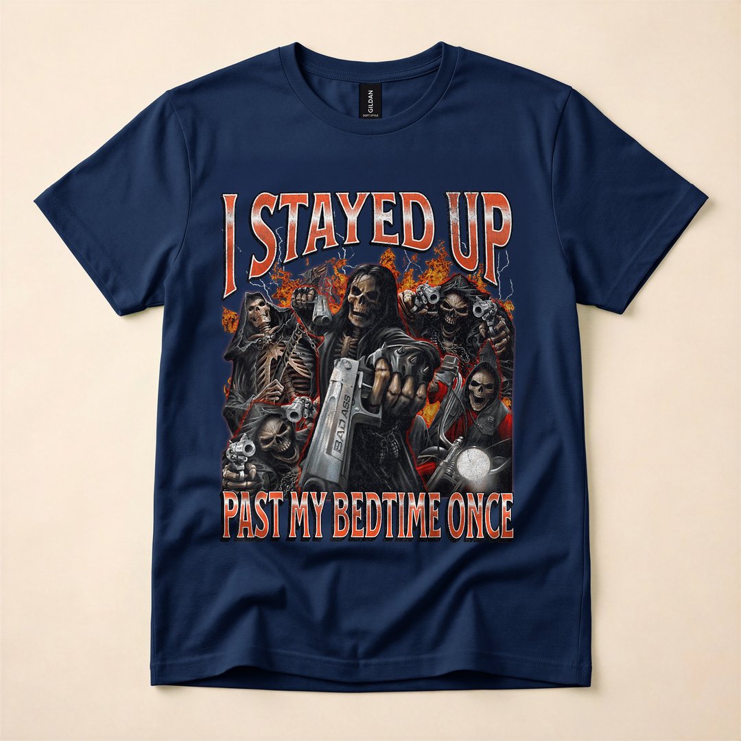 I Stayed Up Past My Bedtime Funny Skeleton Meme T-Shirt - photo 2