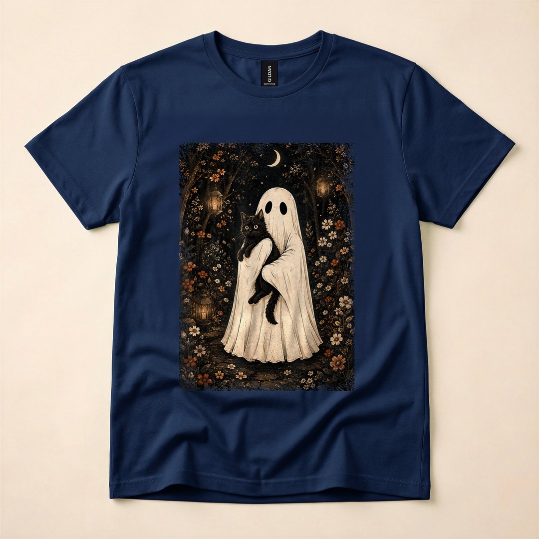 Cottagecore Ghost Holding a Black Cat Halloween T-Shirt - photo 2