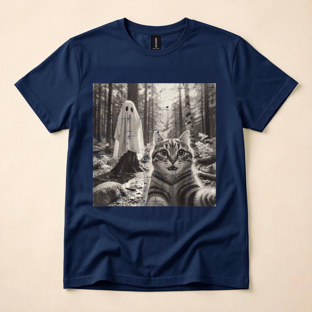 Halloween Tabby Cat in Ghost Sheet Costume Selfie T-Shirt - photo 2