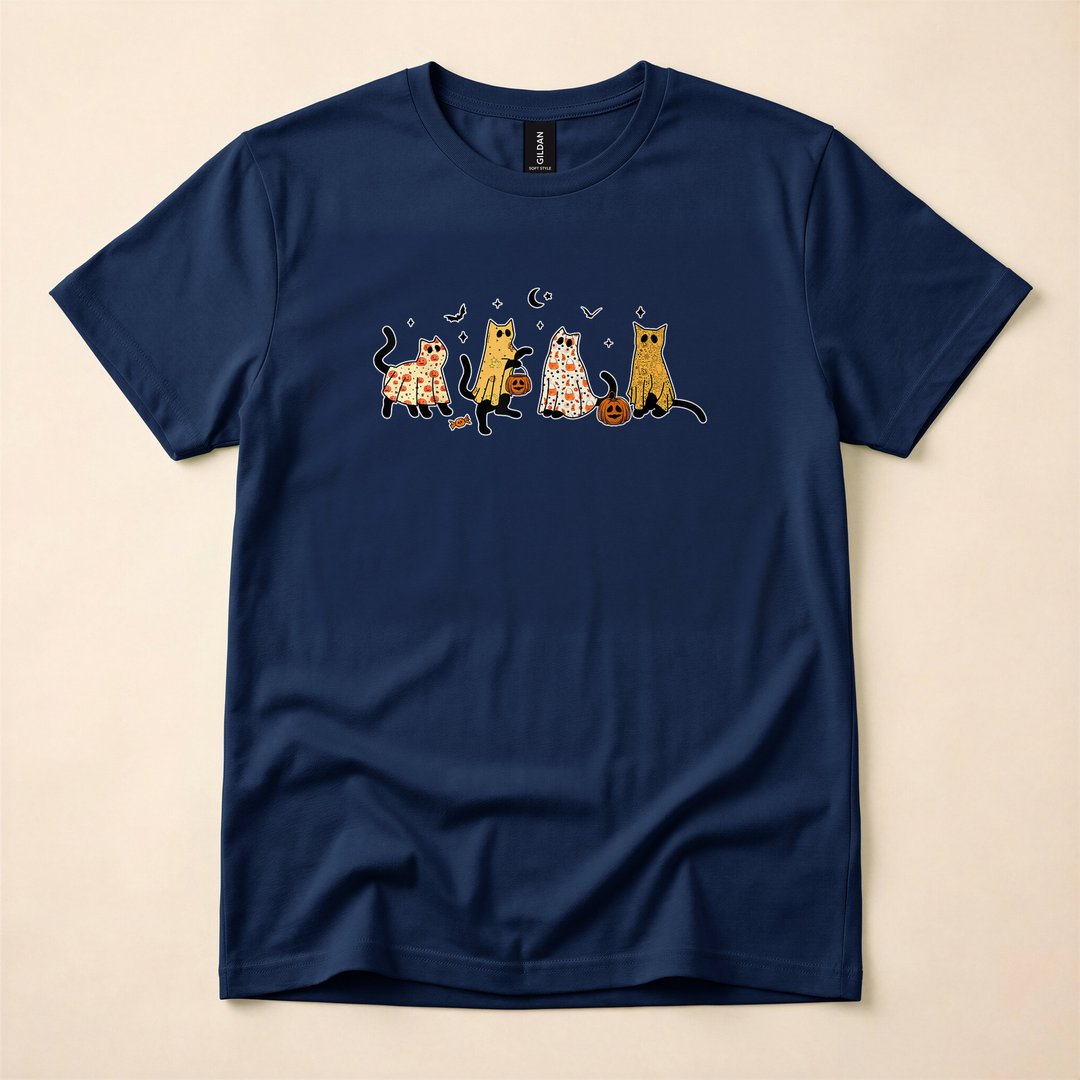 Cute Black Cats in Ghost Costumes Halloween T-Shirt - photo 2