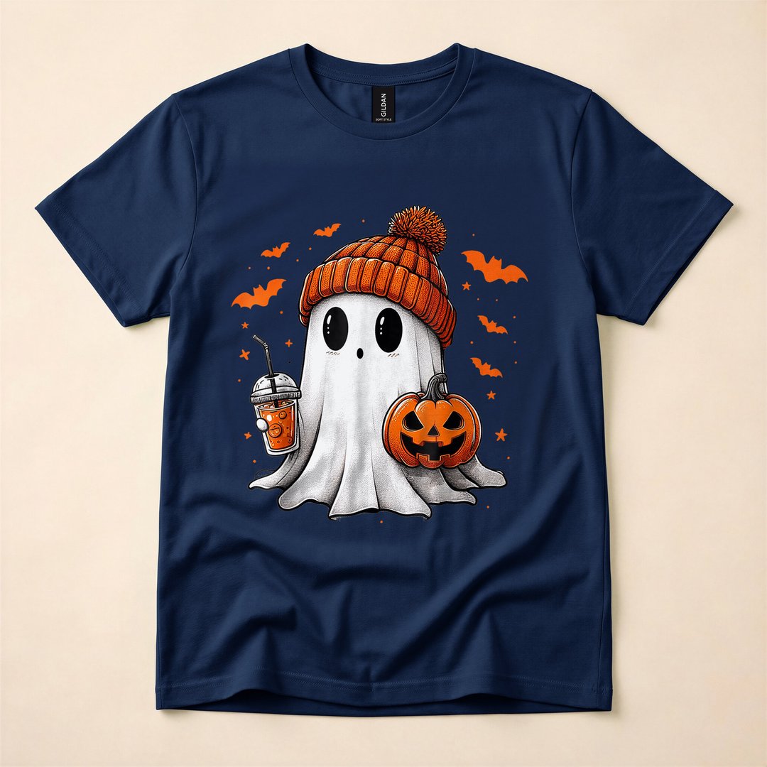 Cute Ghost Drinking Iced Coffee Halloween T-Shirt - photo 2