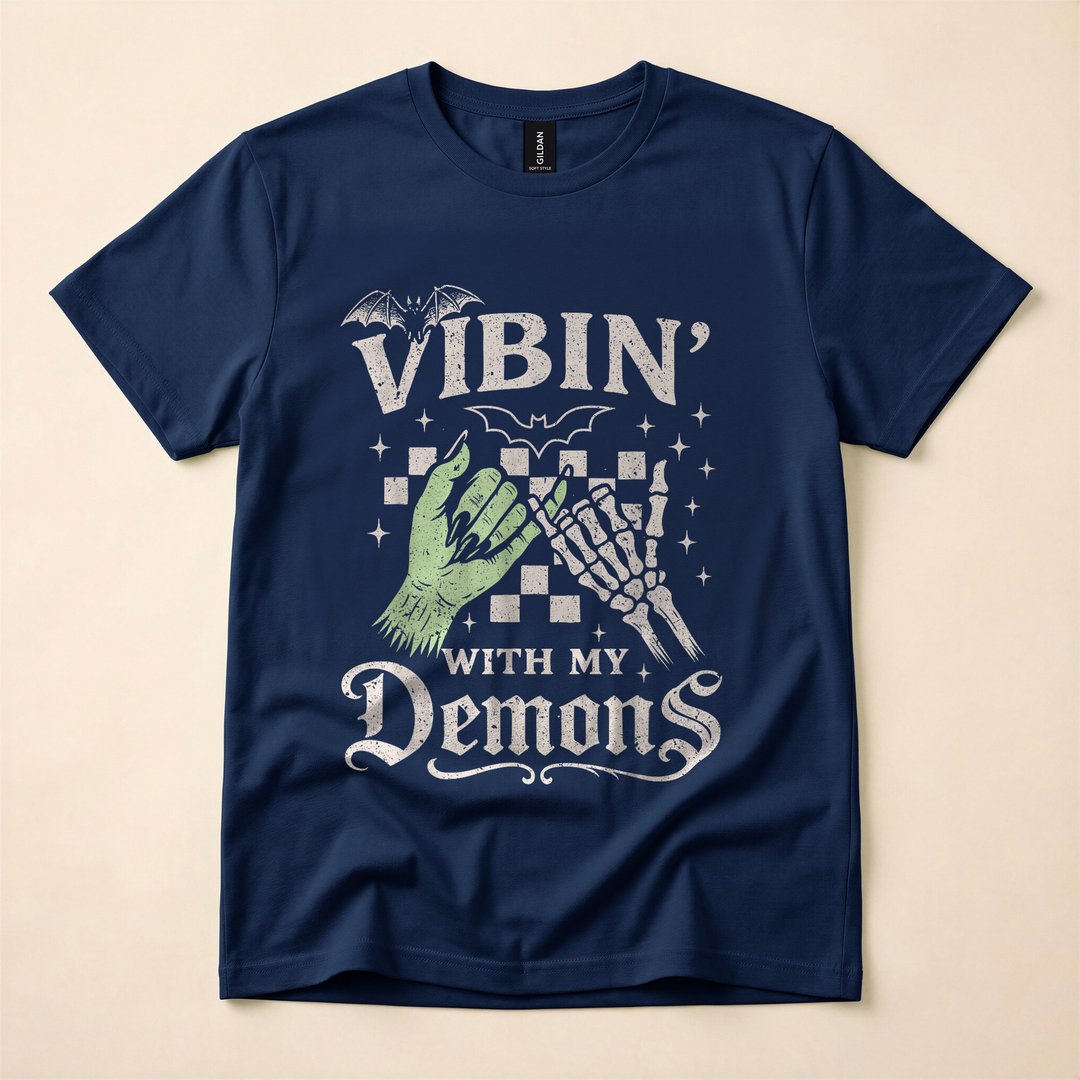 Vibin With My Demons Funny Retro Skeleton Halloween T-Shirt - photo 2