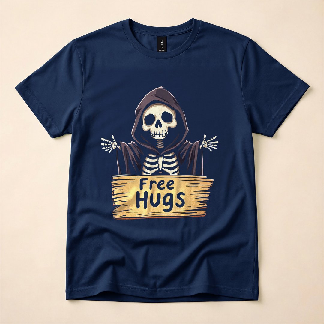 Free Hugs Cartoon Skeleton Funny Halloween T-Shirt - photo 2