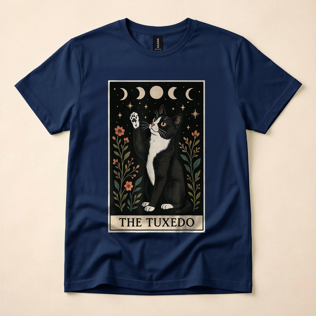 Tuxedo Cat Tarot Card Witchy Moon Halloween T-Shirt - photo 2