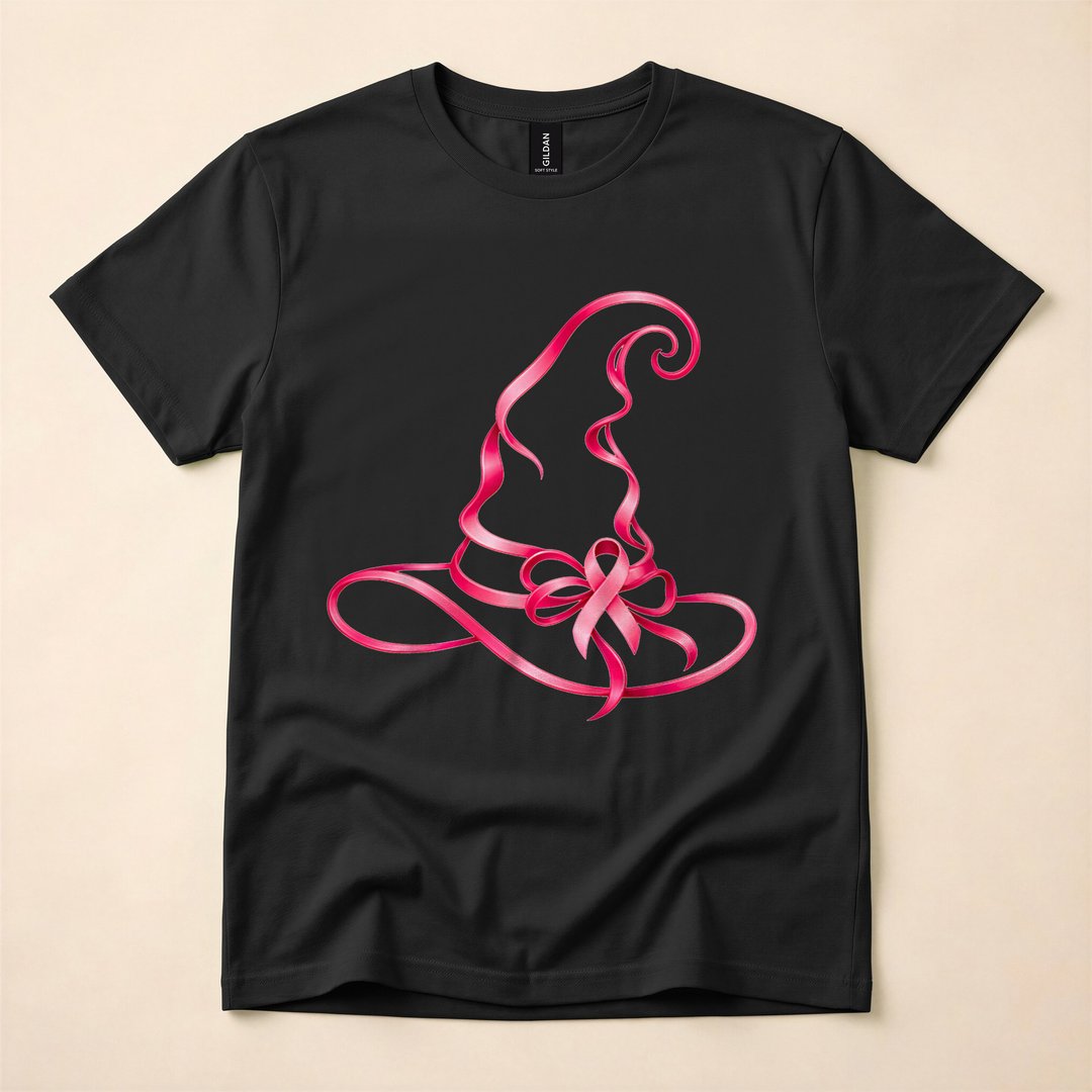 Pink Ribbon Witch Hat Breast Cancer Awareness T-Shirt