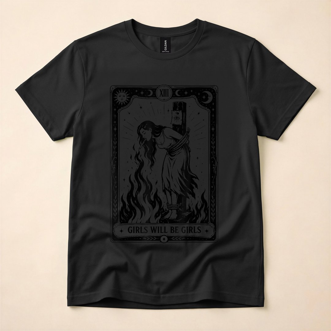 Girls Will Be Girls Witch Tarot Card T-Shirt, Witchy Halloween Spooky Season Tee for Her - photo 3