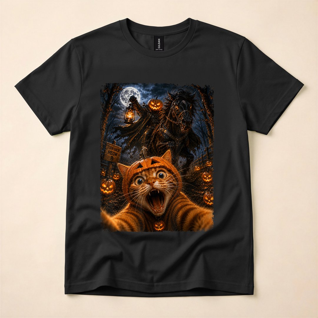 Headless Horseman Cat Selfie Pumpkins Moonlit Halloween T-Shirt