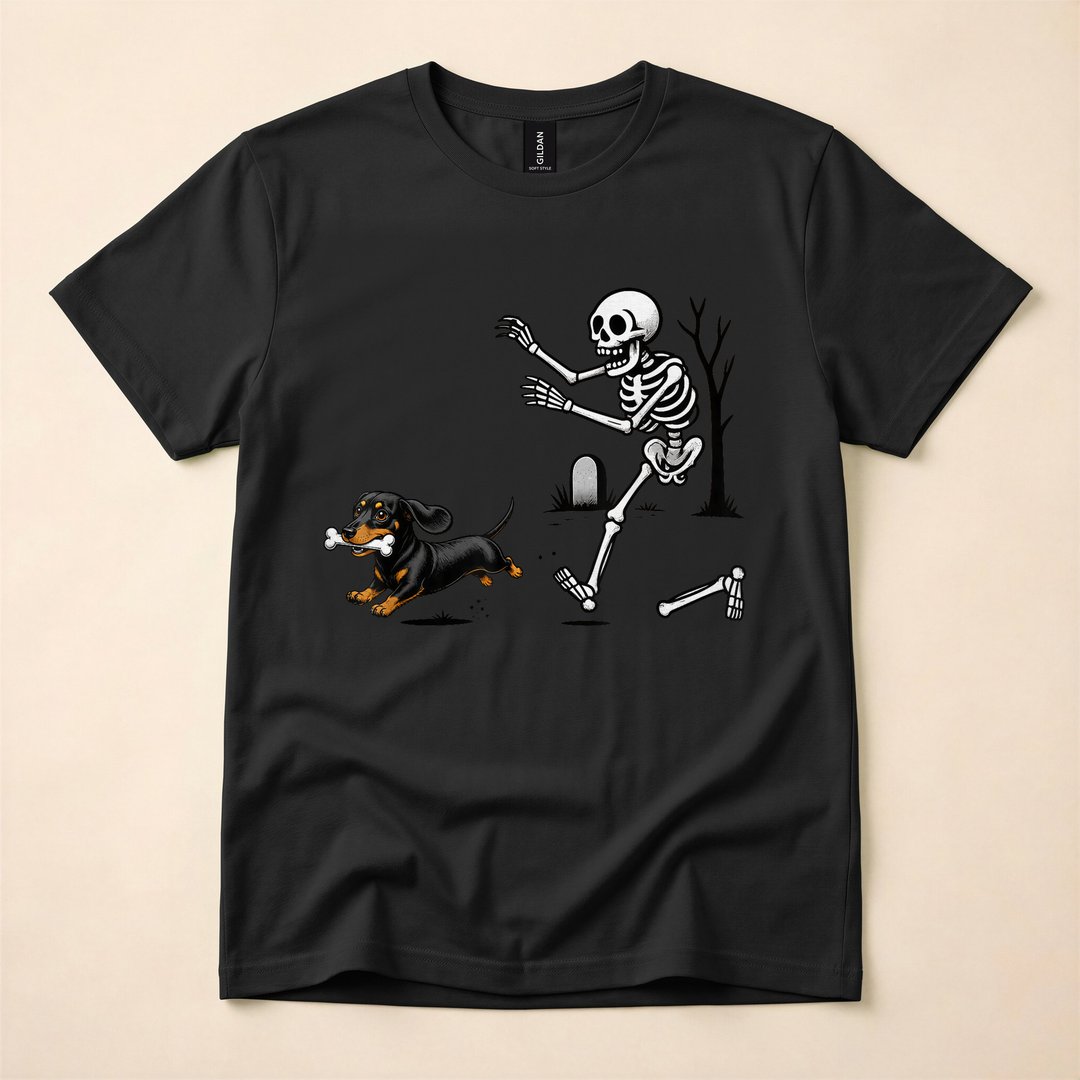 Funny Dachshund Skeleton Chasing a Bone Halloween T-Shirt - photo 3