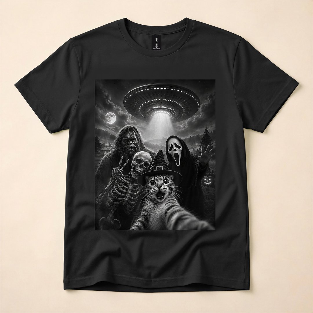 Cat Selfie with Bigfoot Alien UFO and Ghost Spooky Mashup T-Shirt