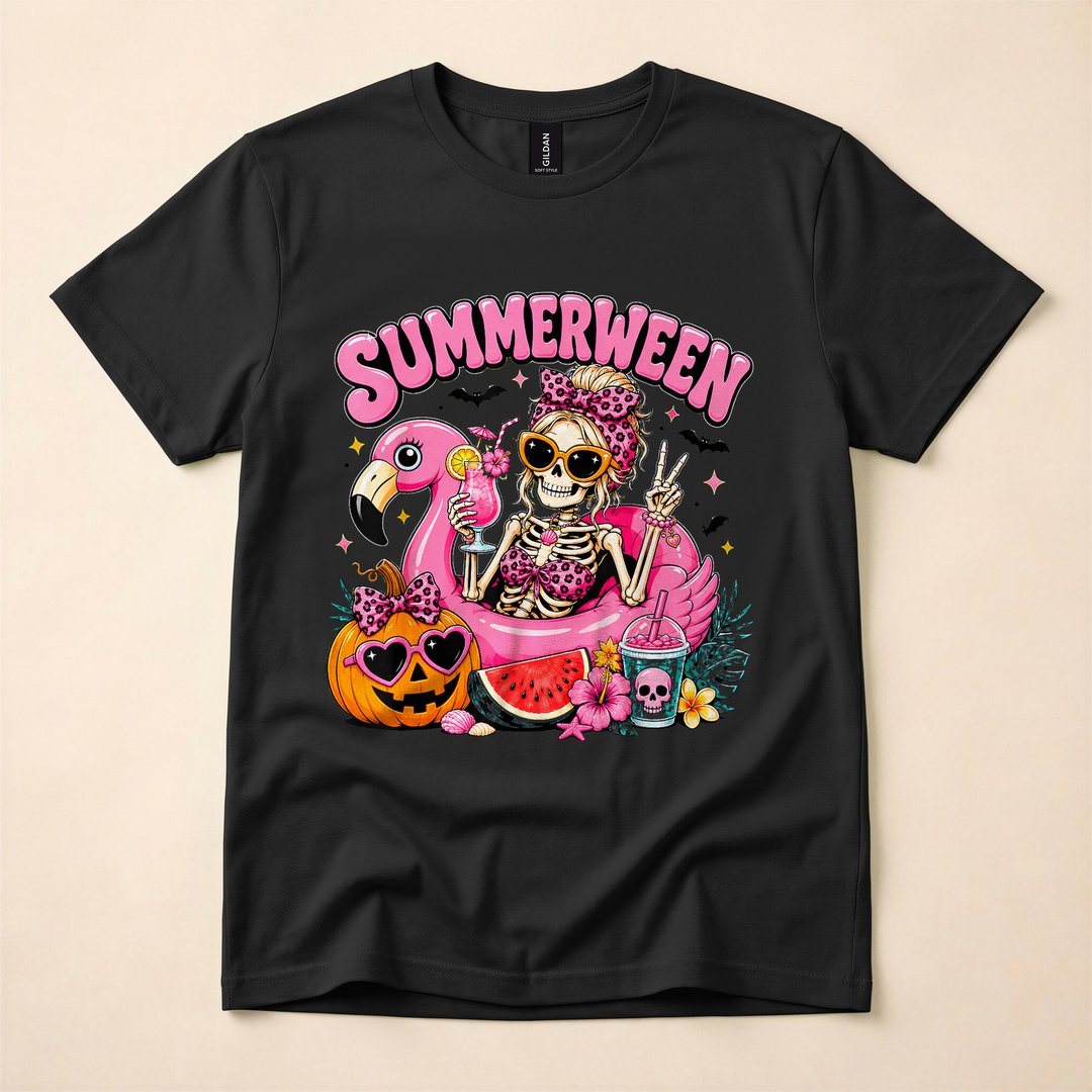 Coquette Skeleton Girl Leopard Bow Summerween T-Shirt - photo 1