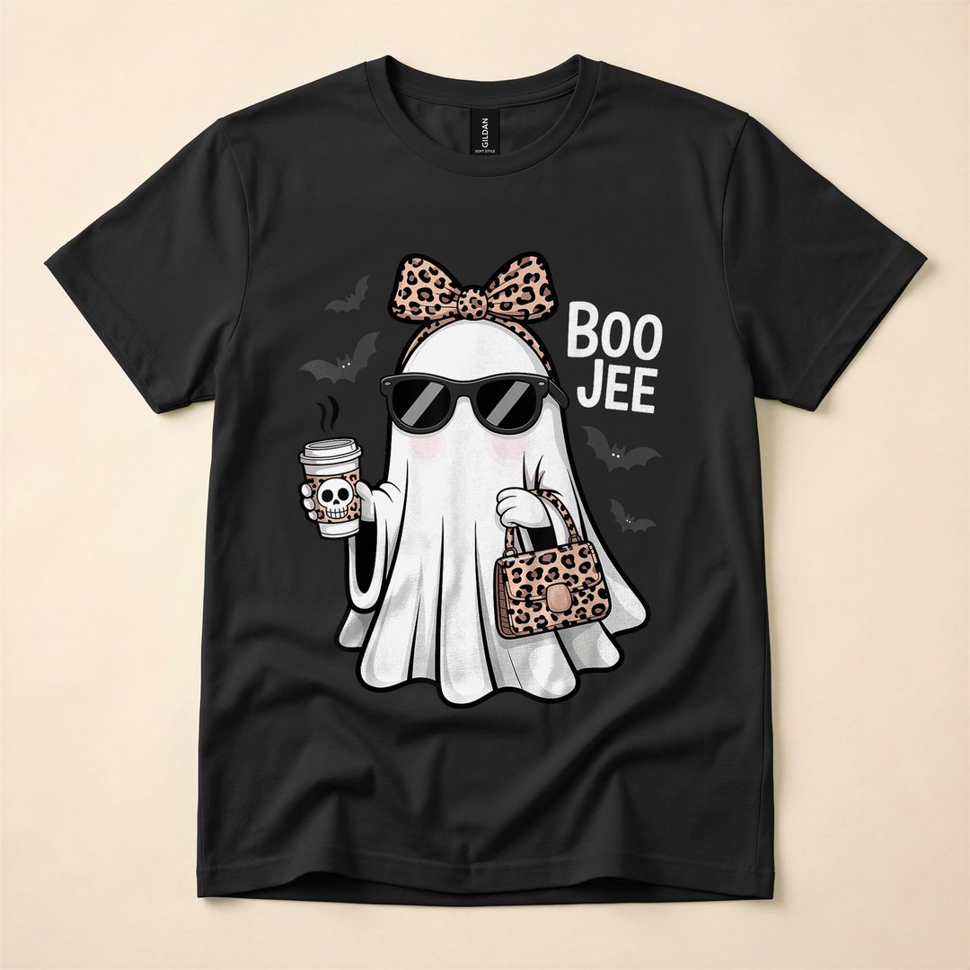 Boujee Coquette Ghost with Leopard Coffee Halloween T-Shirt