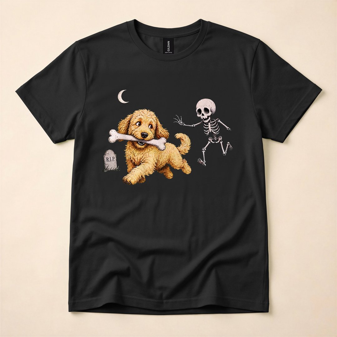 Goldendoodle Stealing a Skeleton Bone Funny Halloween T-Shirt