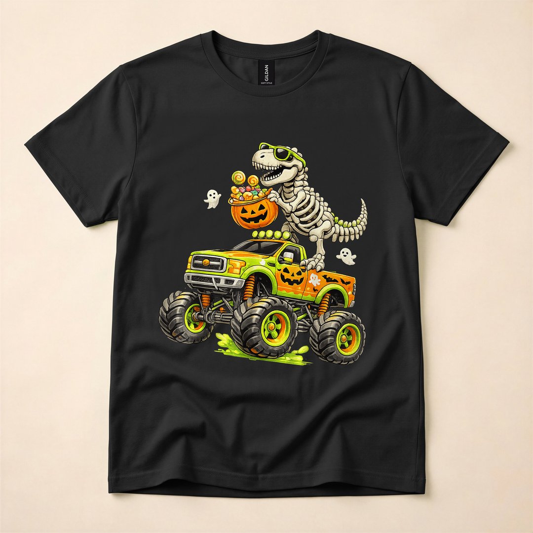 Monster Truck Dinosaur Skeleton T-Rex Boys Halloween T-Shirt