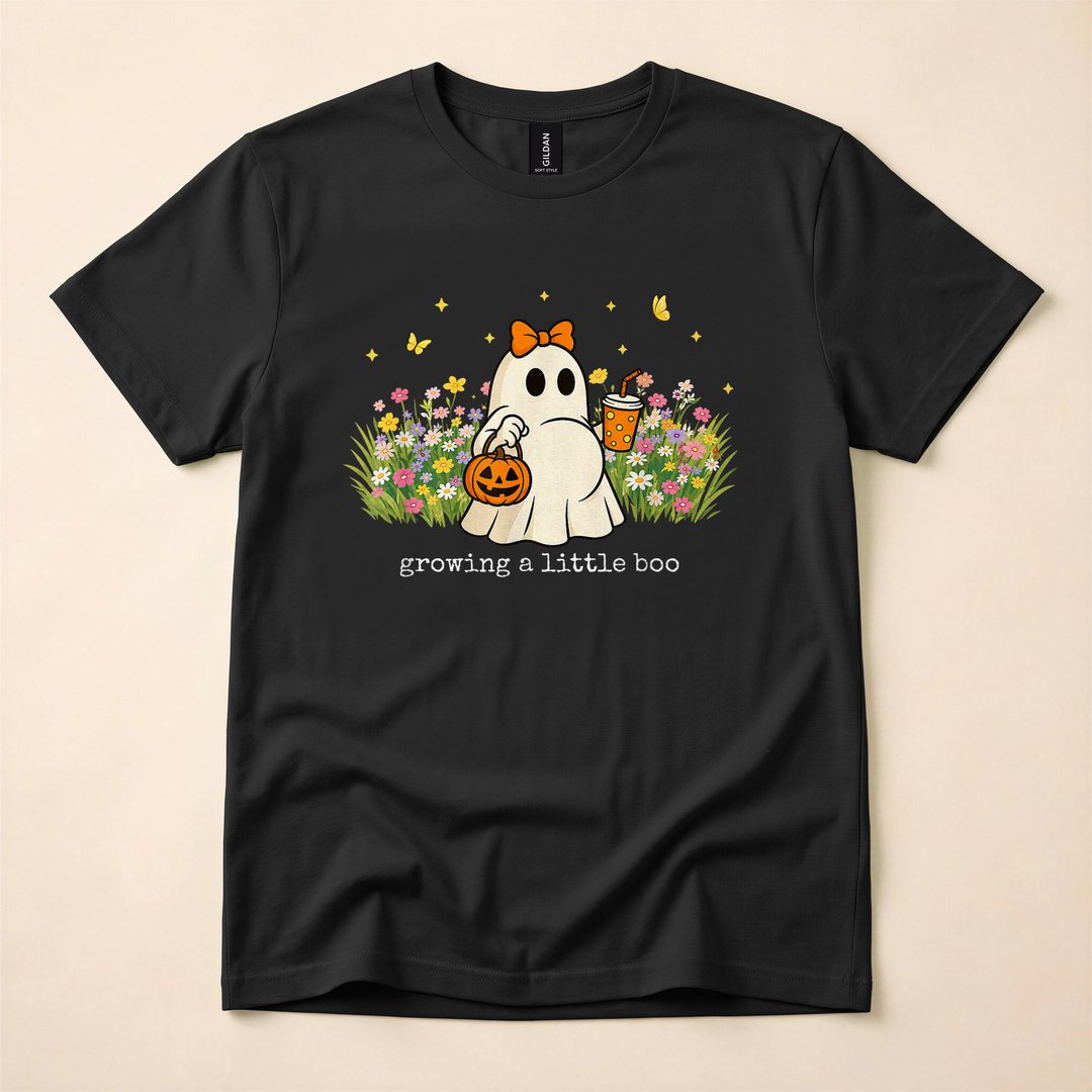 Growing A Little Boo Floral Ghost Pregnancy Halloween T-Shirt