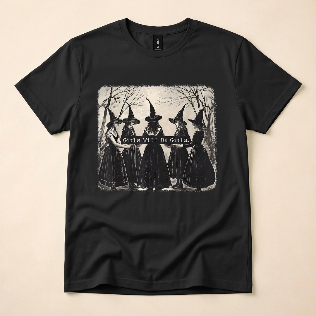 Girls Will Be Girls Funny Witchy Vibes T-Shirt, Halloween Spooky Season Graphic Tee for Her