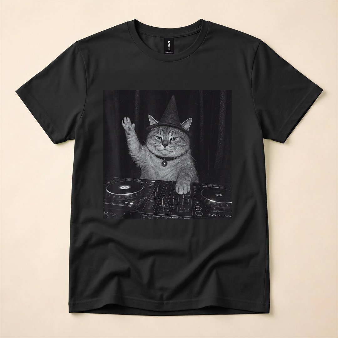Spooky Wizard DJ Cat Funny Halloween Meme T-Shirt