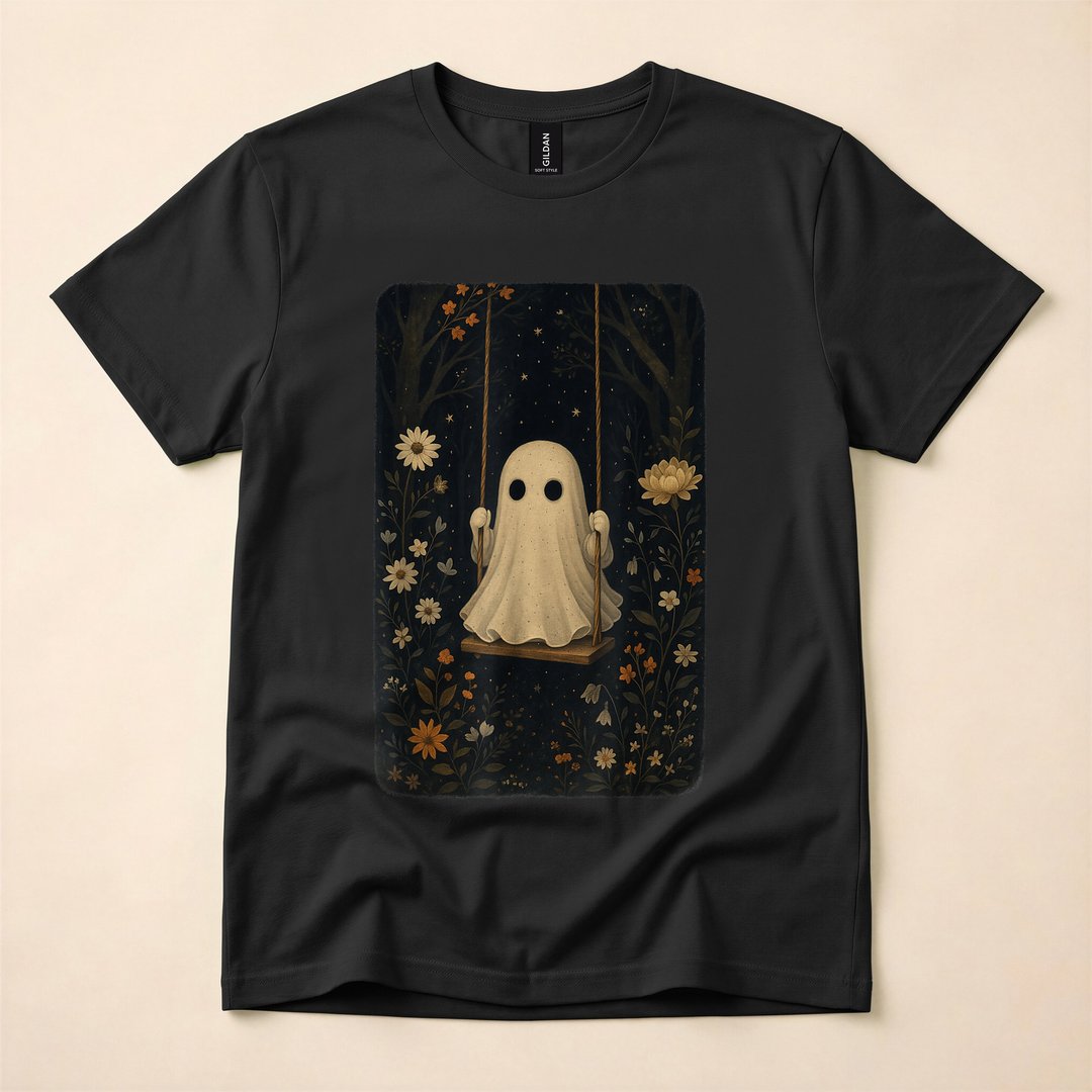 Cottagecore Ghost on a Floral Swing Halloween T-Shirt