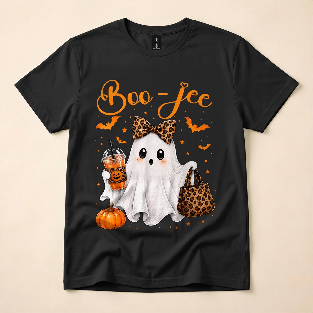 Boo-Jee Ghost and Pumpkin Leopard Coffee Halloween T-Shirt - photo 1