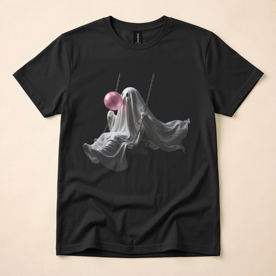 Cute Ghost on a Swing Blowing Bubble Gum Halloween T-Shirt