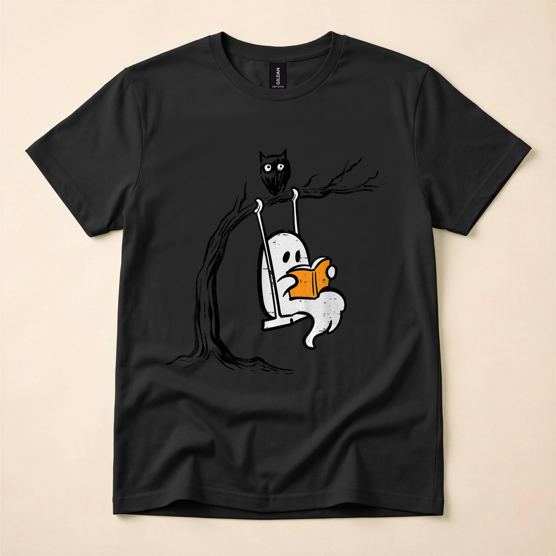 Cute Ghost Reading on a Swing Vintage Halloween T-Shirt - photo 3