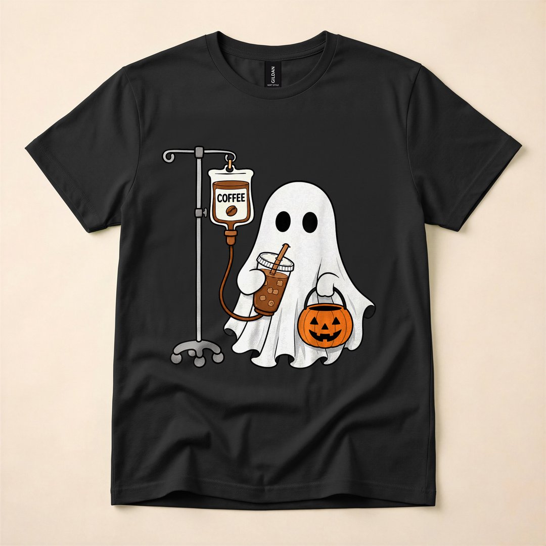 Ghost Drinking Iced Coffee Cute Halloween T-Shirt