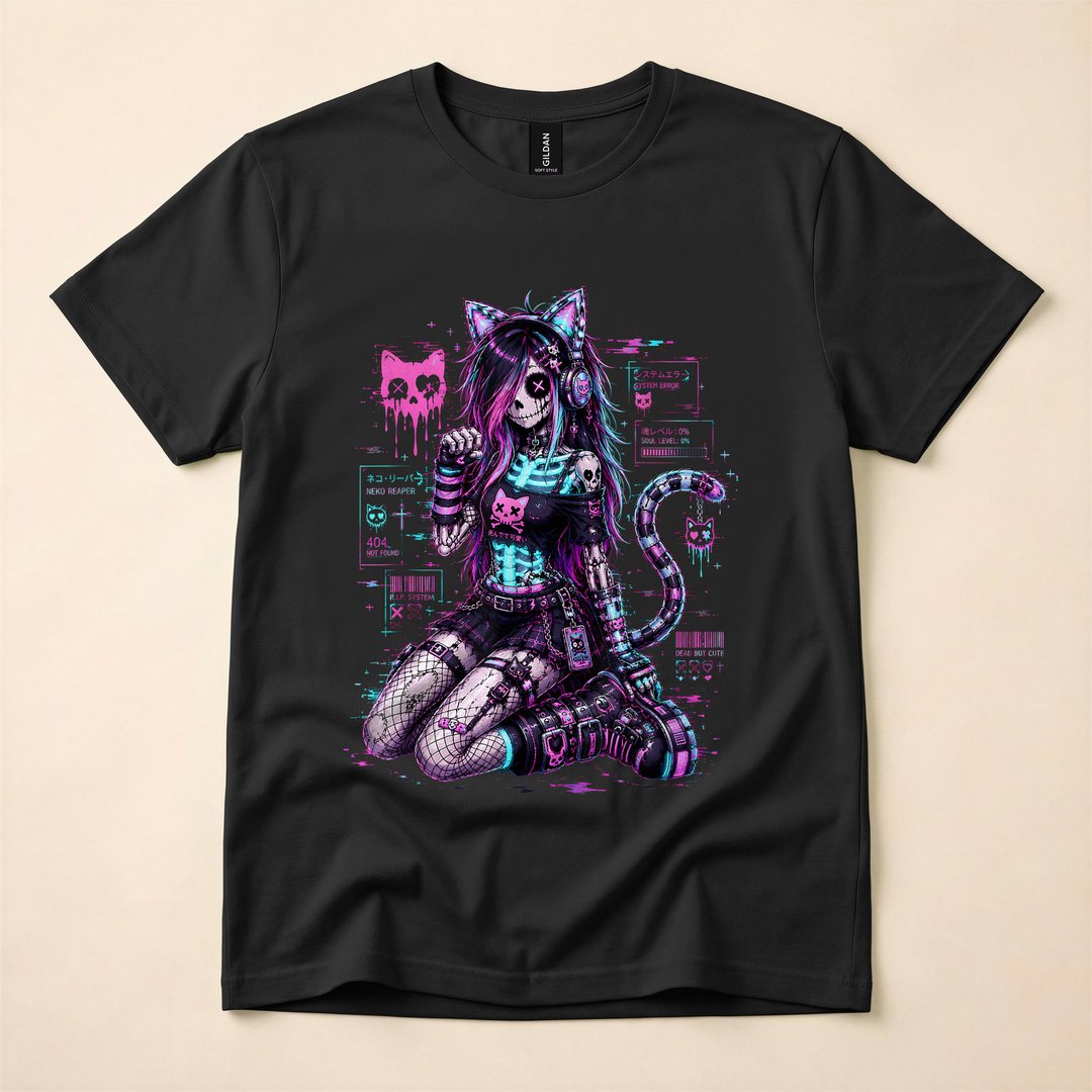 Cyber Goth Skeleton Glitch Anime Y2K T-Shirt