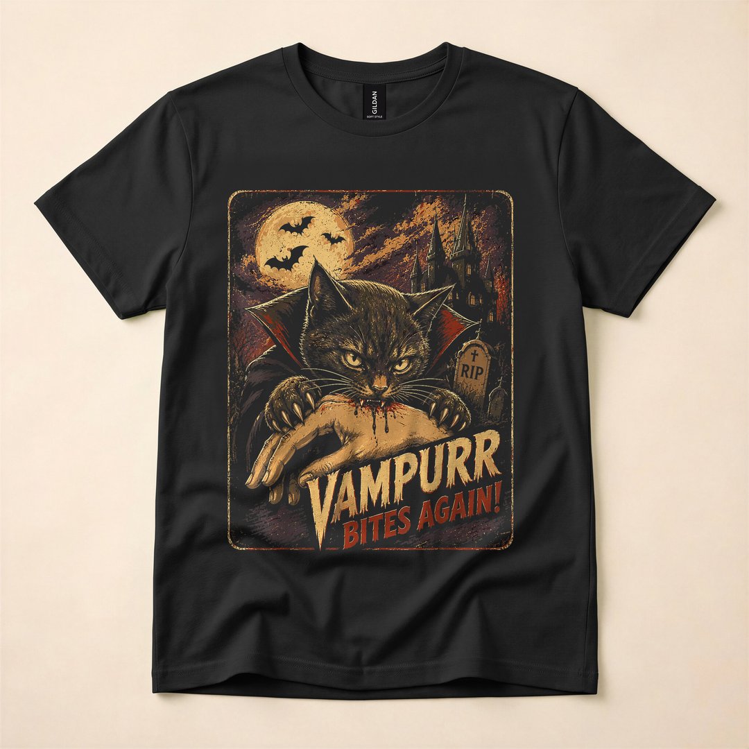 Vampurr Vampire Cat Bites Again Funny Halloween T-Shirt