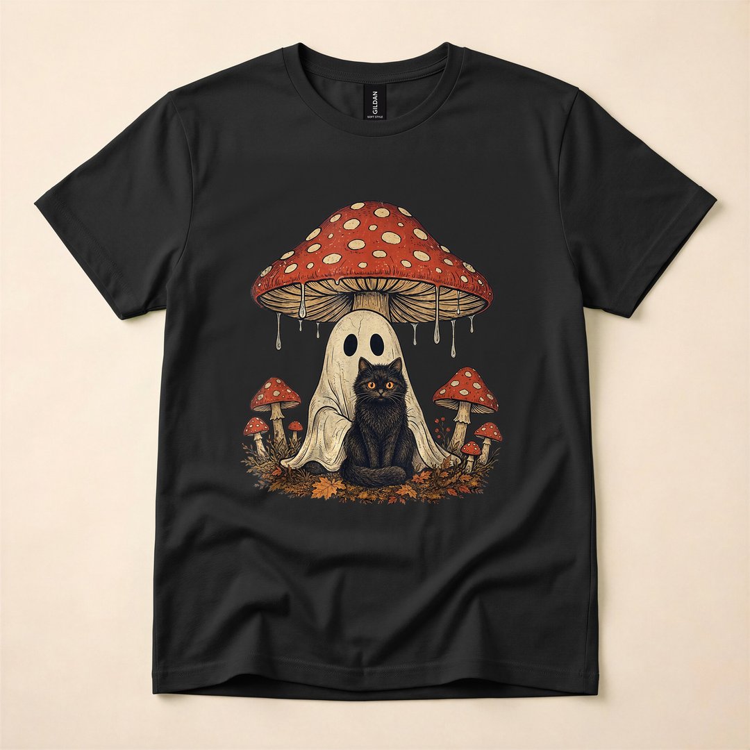 Mushroom Ghost and Black Cat Cottagecore Halloween T-Shirt