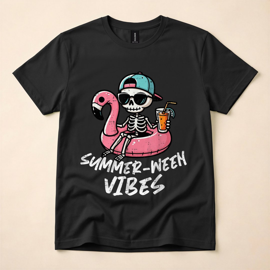 Summer-Ween Skeleton Pool Float Funny Halloween T-Shirt