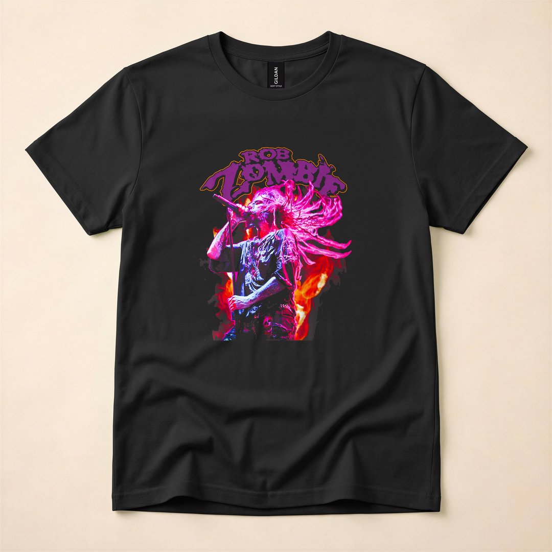 Rob Zombie Fire Flames Horror Rock T-Shirt, Halloween Spooky Season Graphic Tee - photo 1
