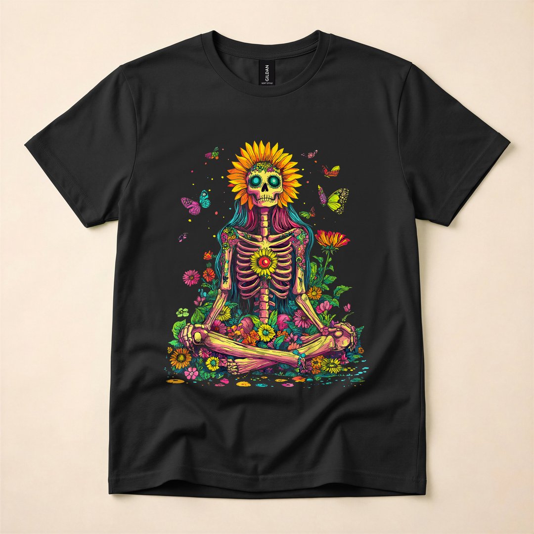 Trippy Sunflower Skeleton Psychedelic Hippie T-Shirt