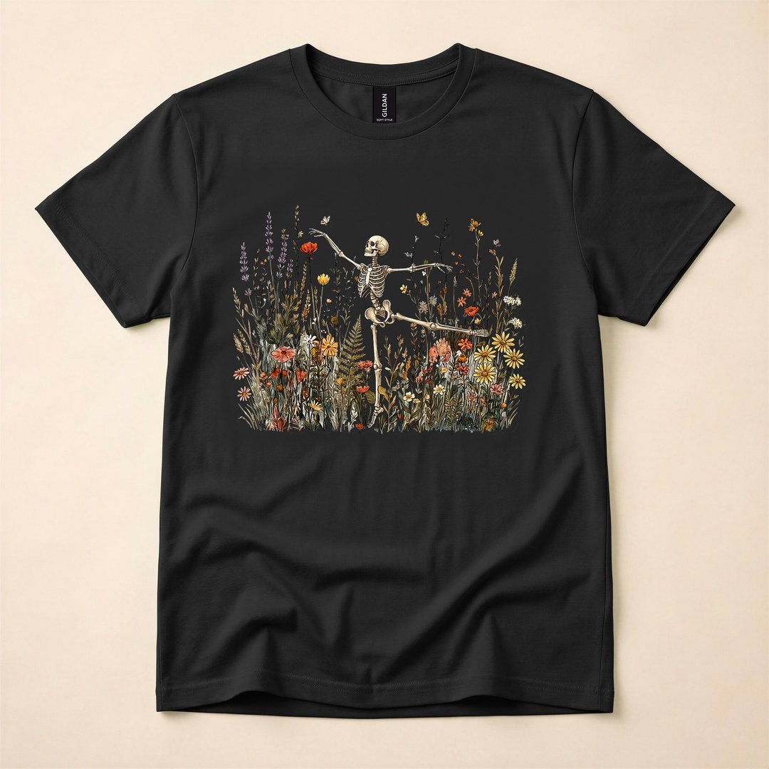 Dancing Skeleton with Wildflowers Cottagecore Halloween T-Shirt
