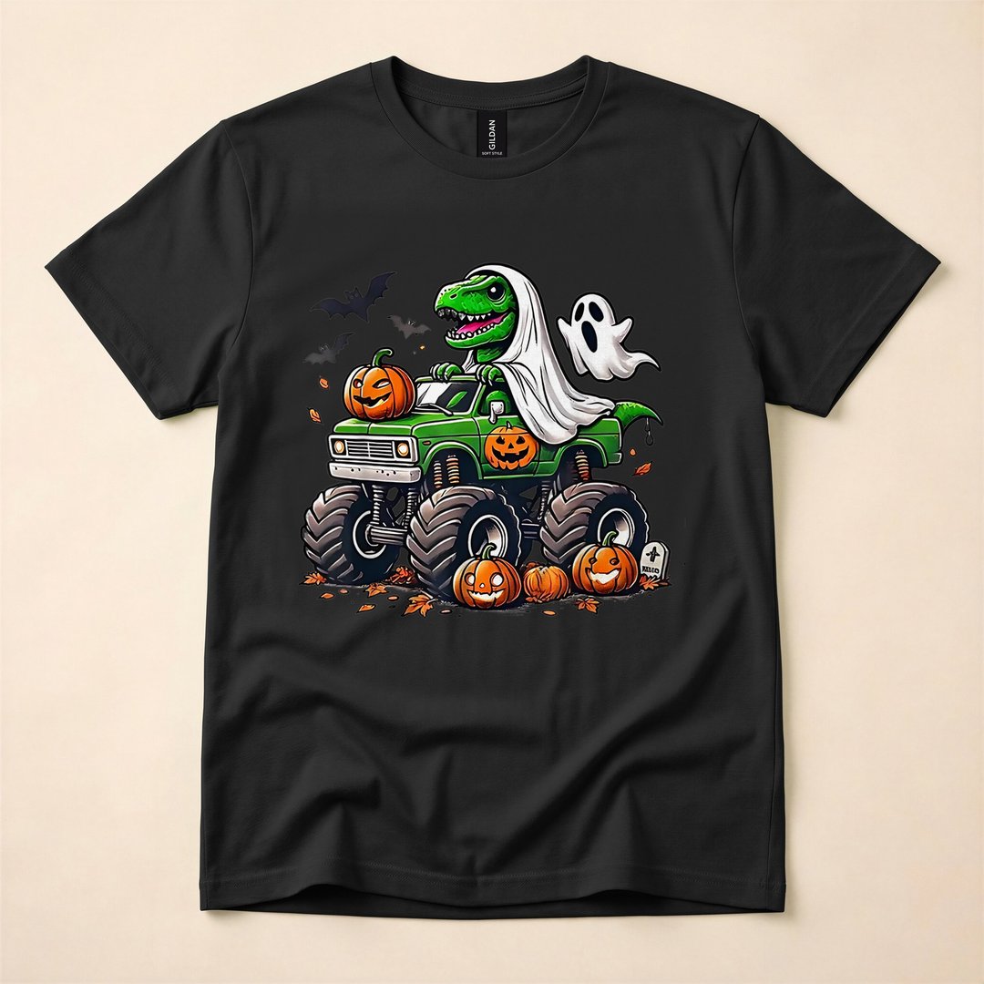Ghost T-Rex Dinosaur Kids Halloween T-Shirt - photo 3