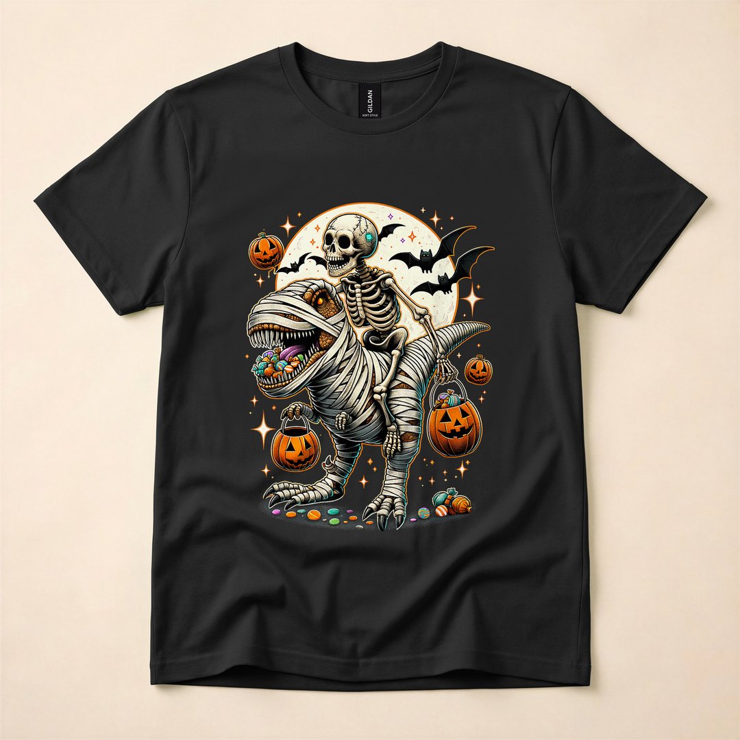 Skeleton Riding a Mummy T-Rex Funny Halloween T-Shirt