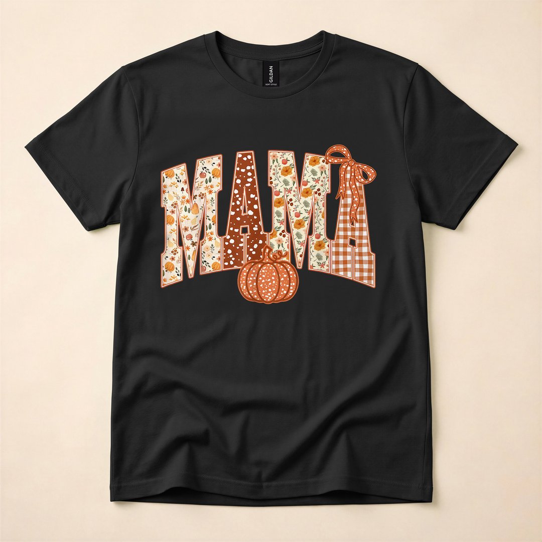 Mama Patchwork Pumpkin Floral Fall Season T-Shirt