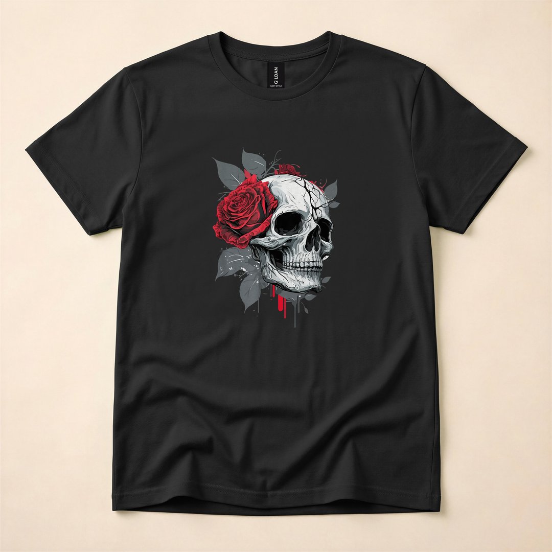 Skeleton Skull Hand Holding a Red Rose Gothic T-Shirt - photo 1