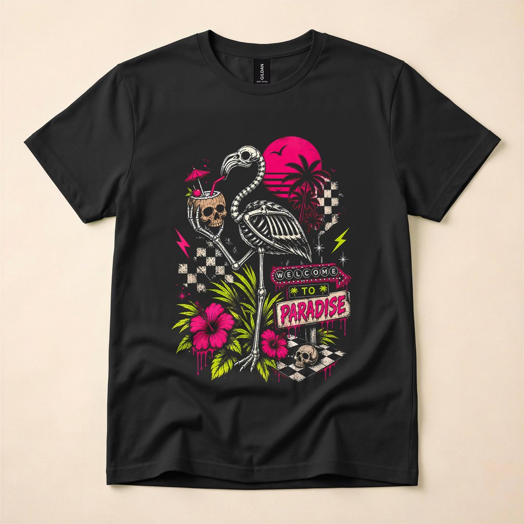 Welcome to Paradise Summerween Skeleton Flamingo T-Shirt