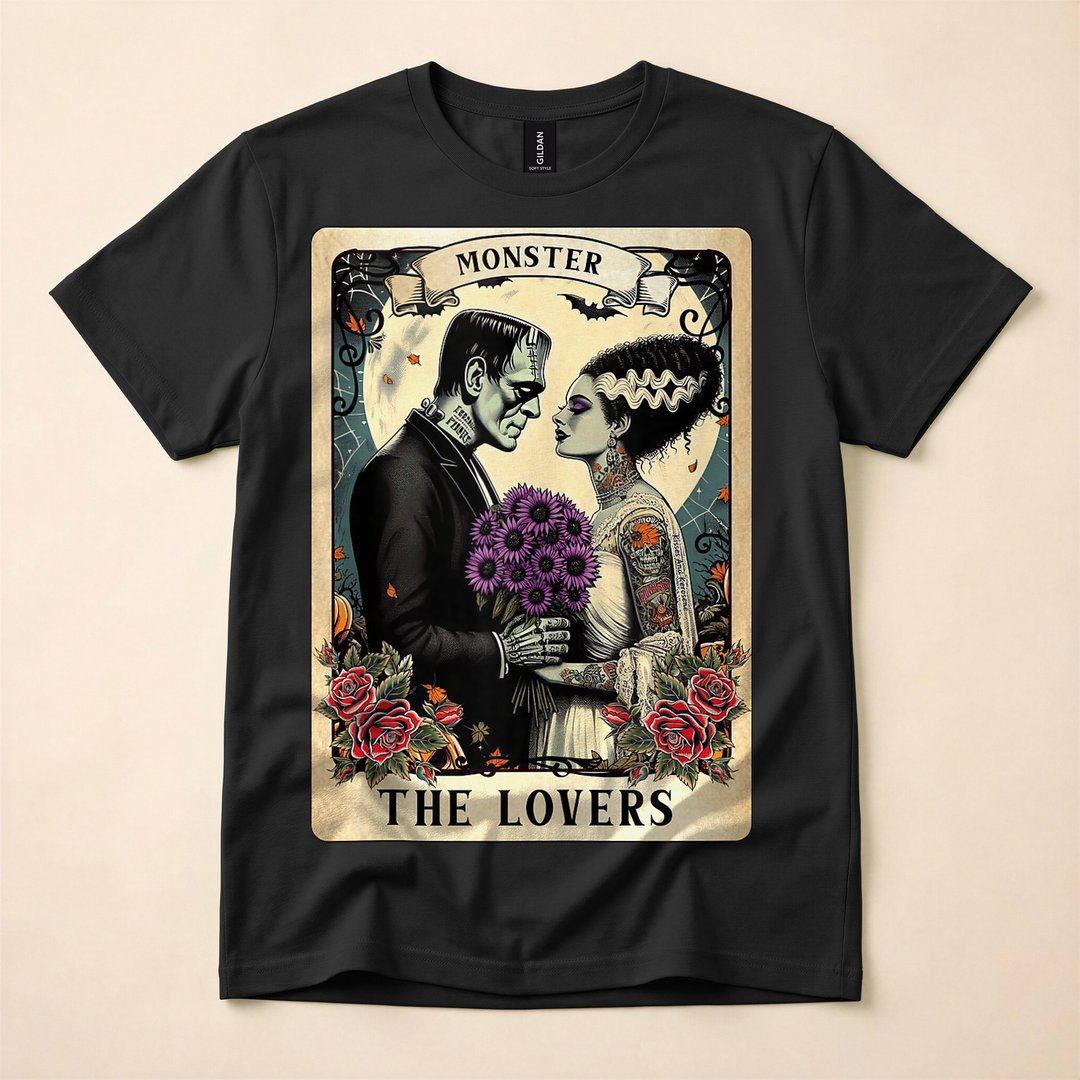Frankenstein and Bride Lovers Tarot Card Halloween T-Shirt