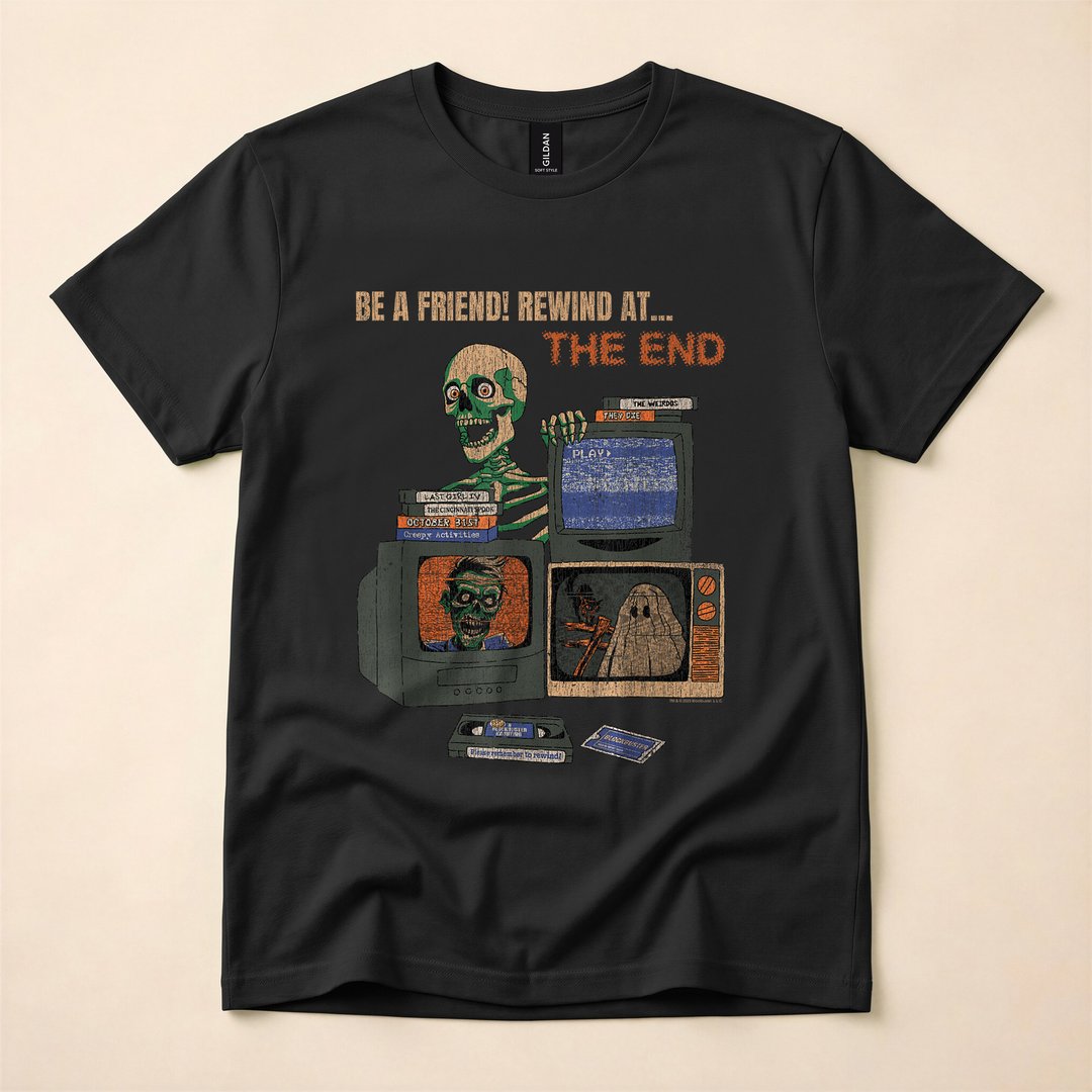 Blockbuster Rewind Horror Movie Skeleton Vintage Halloween T-Shirt