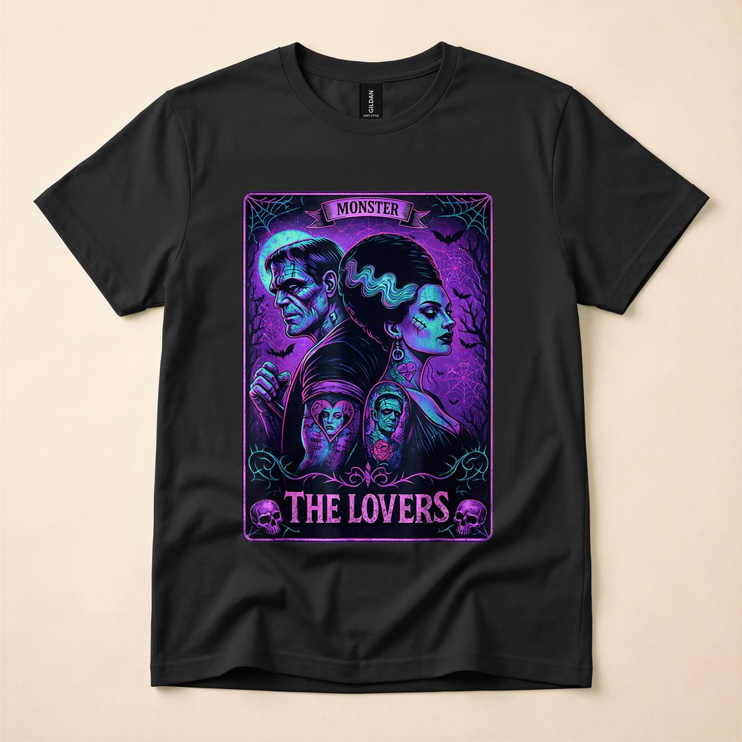 Frankenstein and His Bride Lovers Tarot Card Halloween T-Shirt