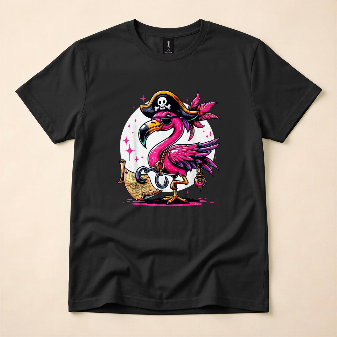 Pirate Pink Flamingo Jolly Roger Halloween Party T-Shirt